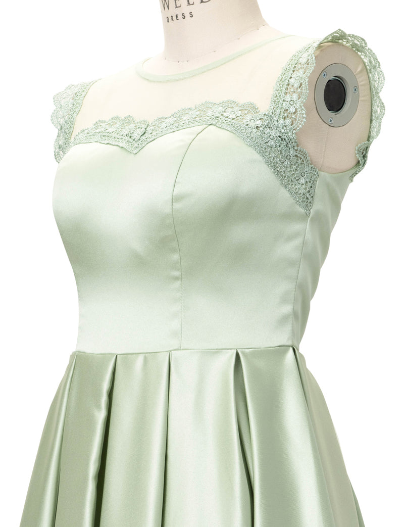 TWEED DRESS(ツイードドレス)のペールミントロングドレス・サテン｜TW1908-PMTのトルソー上半身斜め画像です。
