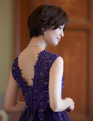 TWEED DRESS(ツイードドレス)のダークパープルロングドレス・チュール｜TW1910-DPEの上半身背面画像です。