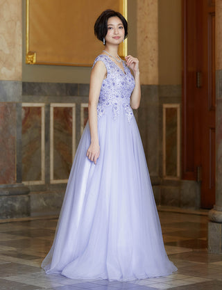 TWEED DRESS(ツイードドレス)のラベンダーグレーロングドレス・チュール｜TW1910-LVGYの全身斜め画像です。