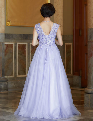 TWEED DRESS(ツイードドレス)のラベンダーグレーロングドレス・チュール｜TW1910-LVGYの全身背面画像です。