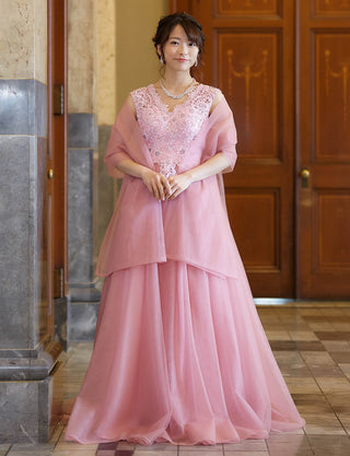 TWEED DRESS(ツイードドレス)のピンクロングドレス・チュール｜TW1910-PKの全身正面ストール着用画像です。