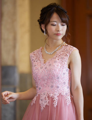 TWEED DRESS(ツイードドレス)のピンクロングドレス・チュール｜TW1910-PKの上半身斜め画像です。