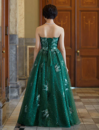 TWEED DRESS(ツイードドレス)のボトルグリーンロングドレス・チュール｜TW1911-BGNの全身背面画像です。