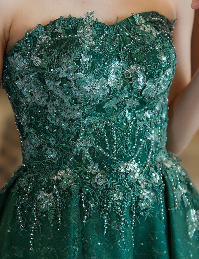 TWEED DRESS(ツイードドレス)のボトルグリーンロングドレス・チュール｜TW1911-BGNの上半身装飾拡大画像です。