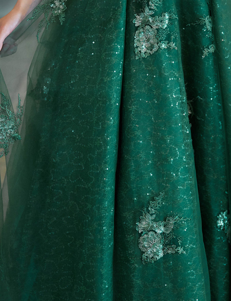 TWEED DRESS(ツイードドレス)のボトルグリーンロングドレス・チュール｜TW1911-BGNのスカート拡大画像です。