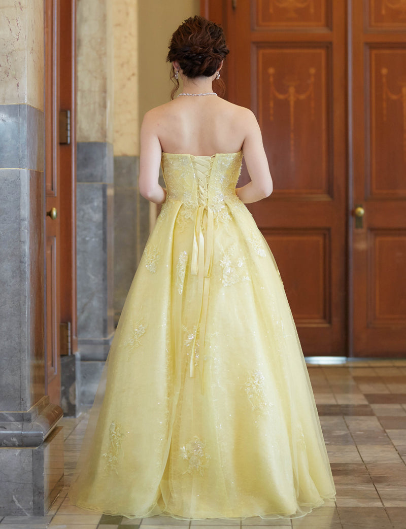 TWEED DRESS(ツイードドレス)のレモンイエローロングドレス・チュール｜TW1911-LYWの全身背面画像です。