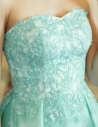 TWEED DRESS(ツイードドレス)のターコイズブルーロングドレス・チュール｜TW1911-TQBLの上半身装飾拡大画像です。