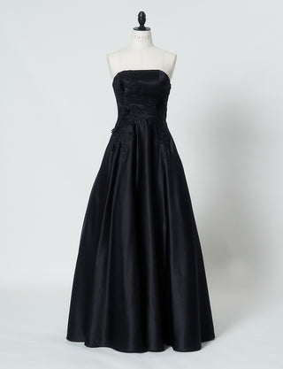 TWEED DRESS(ツイードドレス)のブラックロングドレス・サテン｜TW1914-1-BKのトルソー全身正面画像です。