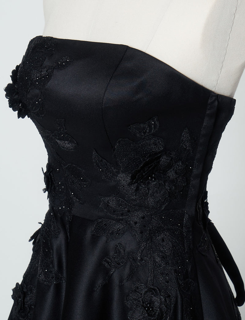 TWEED DRESS(ツイードドレス)のブラックロングドレス・サテン｜TW1914-1-BKのトルソー上半身斜め画像です。