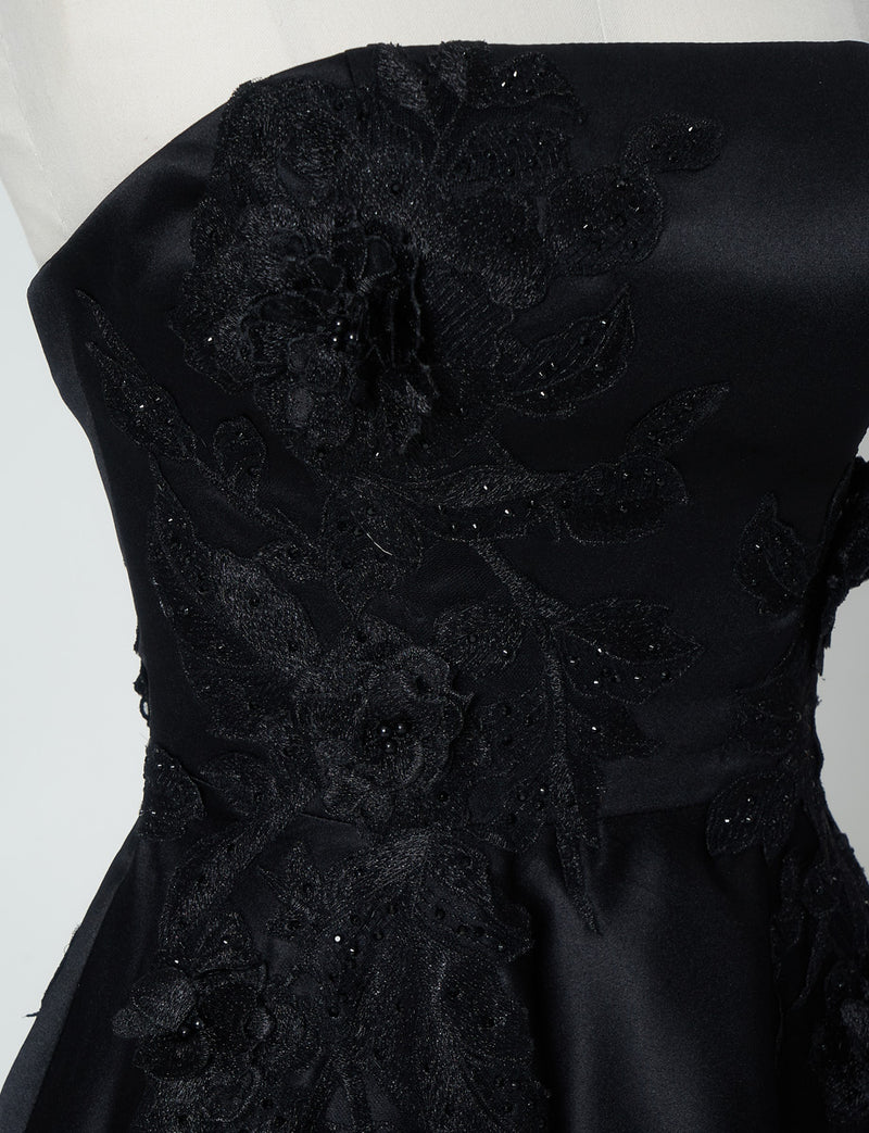 TWEED DRESS(ツイードドレス)のブラックロングドレス・サテン｜TW1914-1-BKの上半身レース装飾拡大画像です。