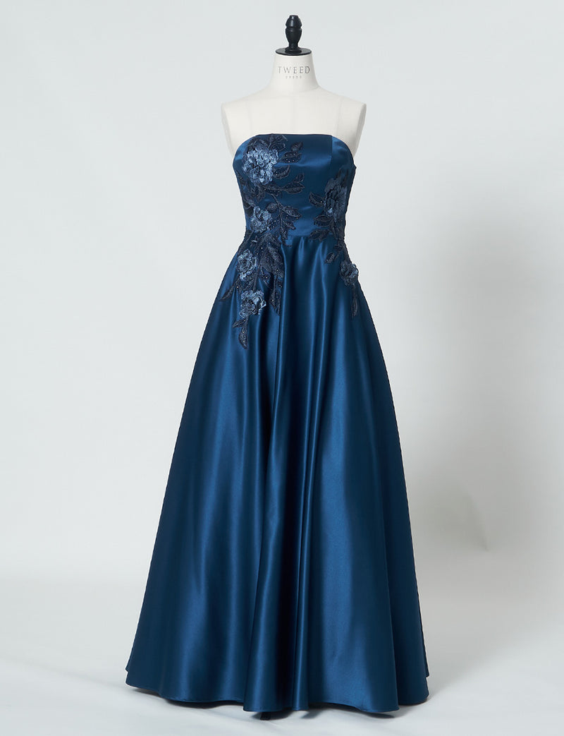 TWEED DRESS(ツイードドレス)のミッドナイトブルーロングドレス・サテン｜TW1914-1-MBLのトルソー全身正面画像です。