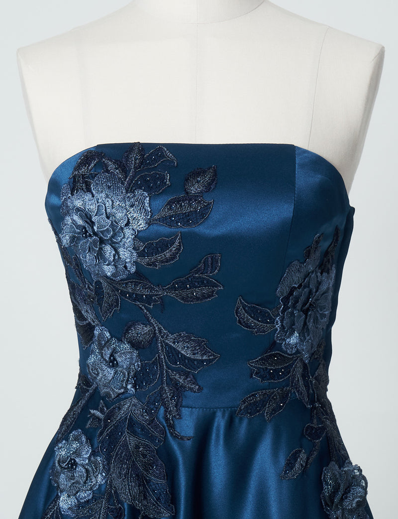TWEED DRESS(ツイードドレス)のミッドナイトブルーロングドレス・サテン｜TW1914-1-MBLのトルソー上半身正面画像です。