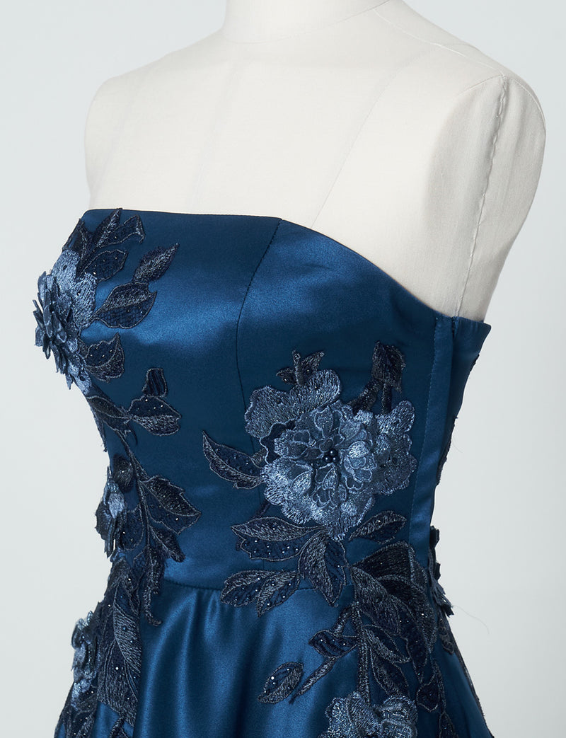 TWEED DRESS(ツイードドレス)のミッドナイトブルーロングドレス・サテン｜TW1914-1-MBLのトルソー上半身斜め画像です。