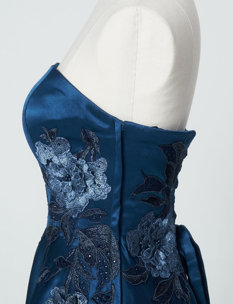 TWEED DRESS(ツイードドレス)のミッドナイトブルーロングドレス・サテン｜TW1914-1-MBLのトルソー上半身側面画像です。