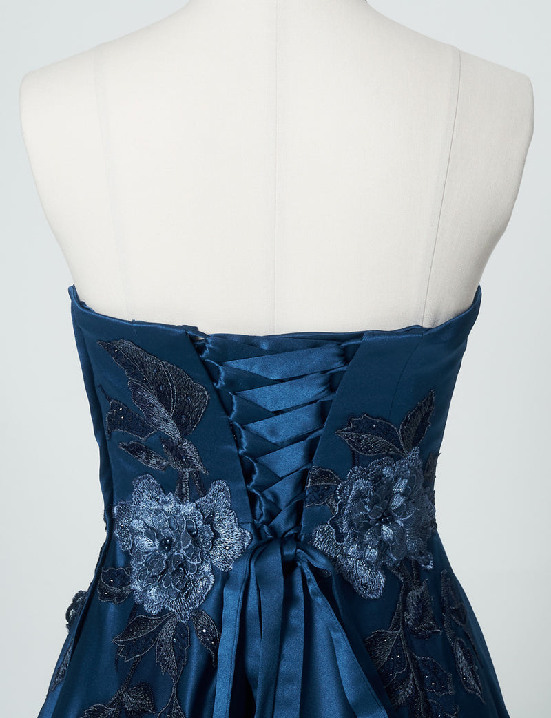 TWEED DRESS(ツイードドレス)のミッドナイトブルーロングドレス・サテン｜TW1914-1-MBLのトルソー上半身背面画像です。