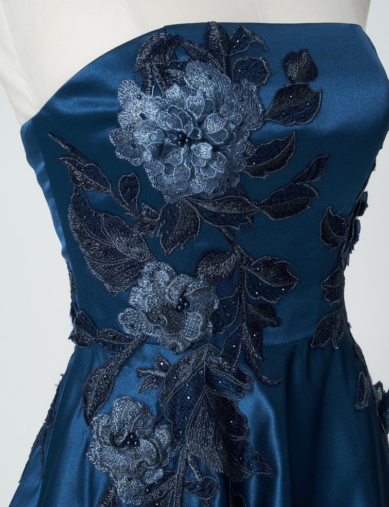 TWEED DRESS(ツイードドレス)のミッドナイトブルーロングドレス・サテン｜TW1914-1-MBLの上半身レース装飾拡大画像です。