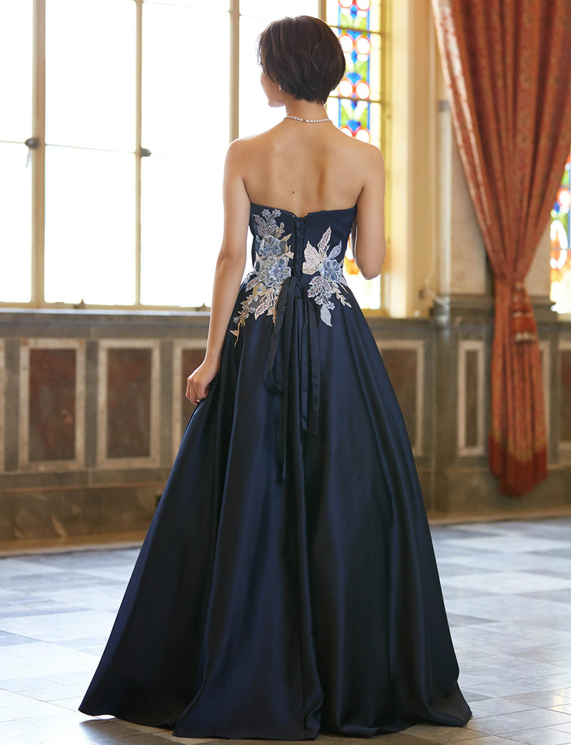 TWEED DRESS(ツイードドレス)のダークネイビーロングドレス・サテン｜TW1914-DNYの全身背面画像です。