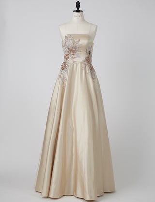TWEED DRESS(ツイードドレス)のシャンパンゴールドロングドレス・サテン｜TW1914-CGDのトルソー全身正面画像です。