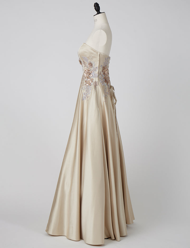 TWEED DRESS(ツイードドレス)のシャンパンゴールドロングドレス・サテン｜TW1914-CGDのトルソー全身側面画像です。