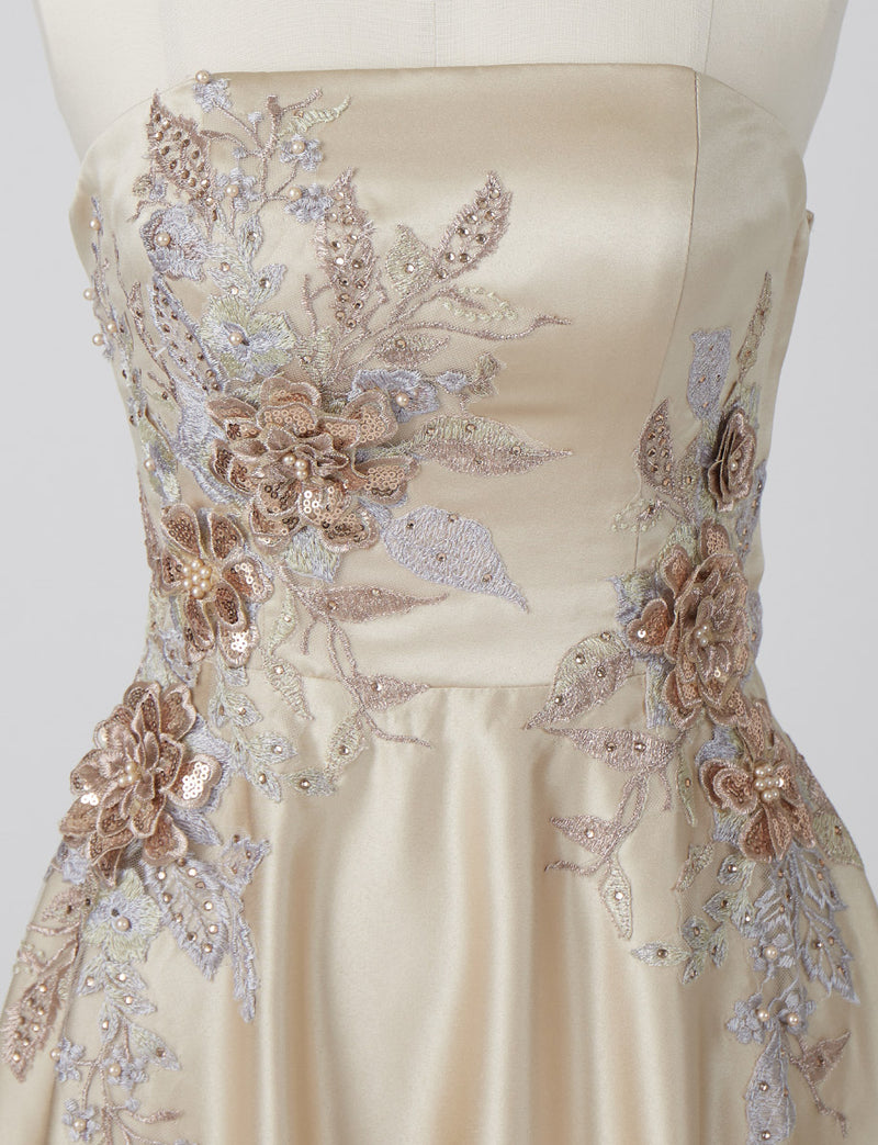 TWEED DRESS(ツイードドレス)のシャンパンゴールドロングドレス・サテン｜TW1914-CGDのトルソー上半身正面画像です。