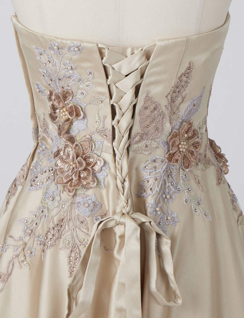 TWEED DRESS(ツイードドレス)のシャンパンゴールドロングドレス・サテン｜TW1914-CGDのトルソー上半身背面画像です。