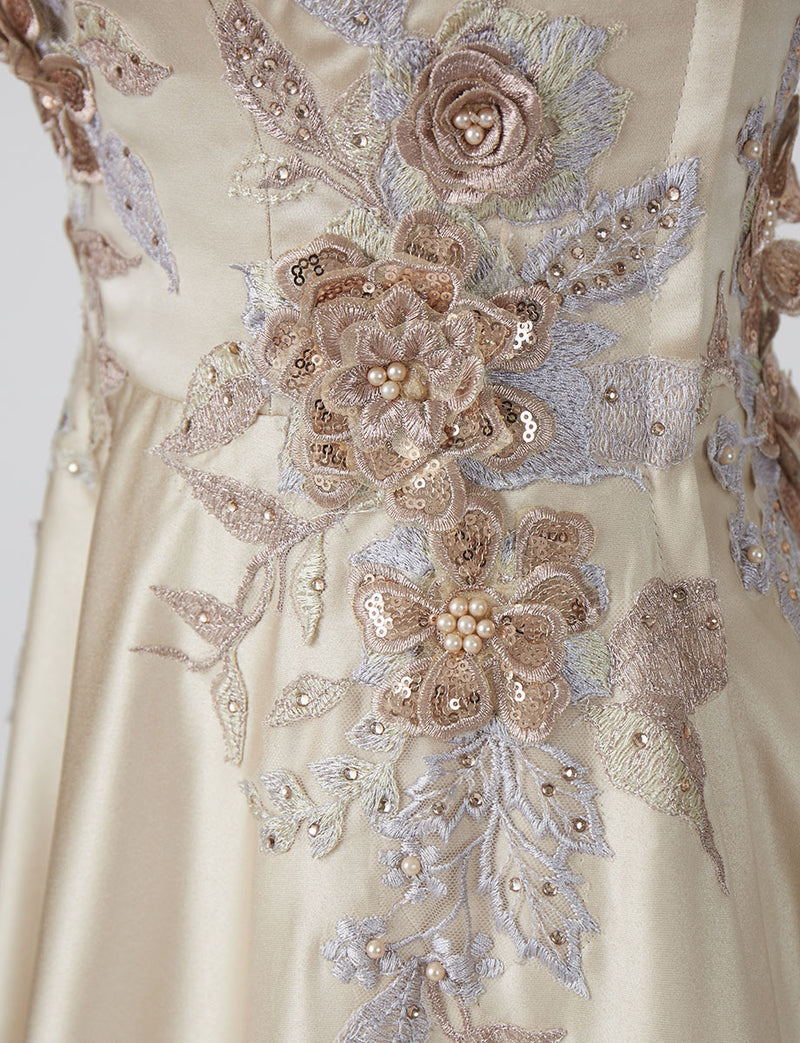 TWEED DRESS(ツイードドレス)のシャンパンゴールドロングドレス・サテン｜TW1914-CGDのトルソー上半身装飾拡大画像です。