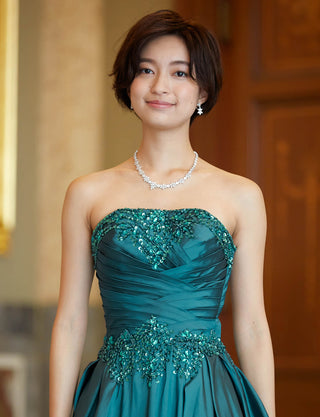 TWEED DRESS(ツイードドレス)のペトロールグリーンロングドレス・タフタ｜TW1917-PTGNの上半身正面画像です。
