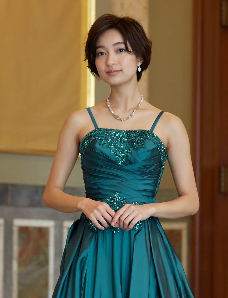 TWEED DRESS(ツイードドレス)のペトロールグリーンロングドレス・タフタ｜TW1917-PTGNの上半身正面ストラップ着用画像です。