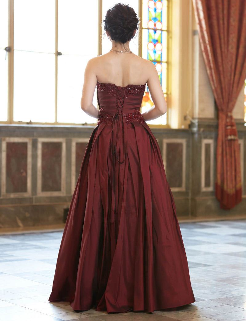 TWEED DRESS(ツイードドレス)のワインレッドロングドレス・タフタ｜TW1917-WRDの全身背面画像です。