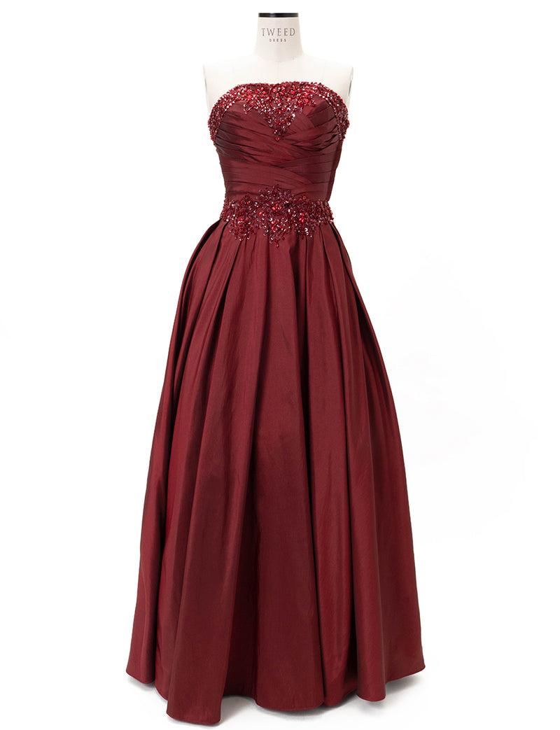 TWEED DRESS(ツイードドレス)のワインレッドロングドレス・タフタ｜TW1917-WRDのトルソー全身正面画像です。