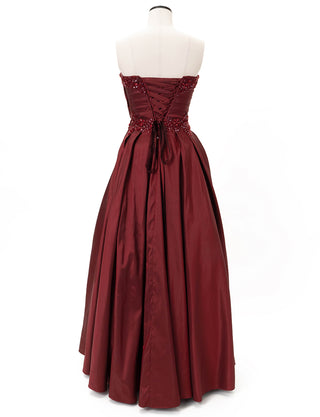 TWEED DRESS(ツイードドレス)のワインレッドロングドレス・タフタ｜TW1917-WRDのトルソー全身背面画像です。