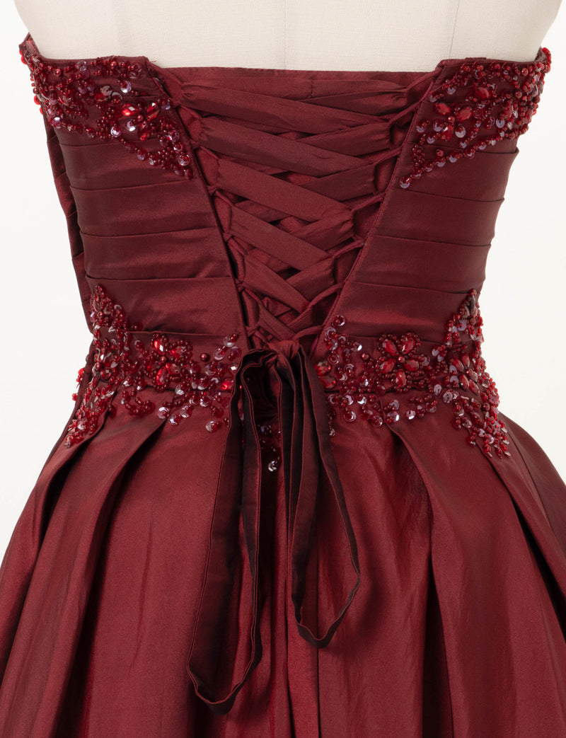 TWEED DRESS(ツイードドレス)のワインレッドロングドレス・タフタ｜TW1917-WRDのトルソー上半身背面画像です。