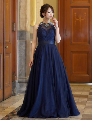 TWEED DRESS(ツイードドレス)のダークネイビーロングドレス・チュール｜TW1918-DNYの全身正面画像です。