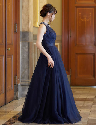 TWEED DRESS(ツイードドレス)のダークネイビーロングドレス・チュール｜TW1918-DNYの全身側面画像です。