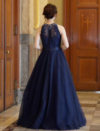 TWEED DRESS(ツイードドレス)のダークネイビーロングドレス・チュール｜TW1918-DNYの全身背面画像です。