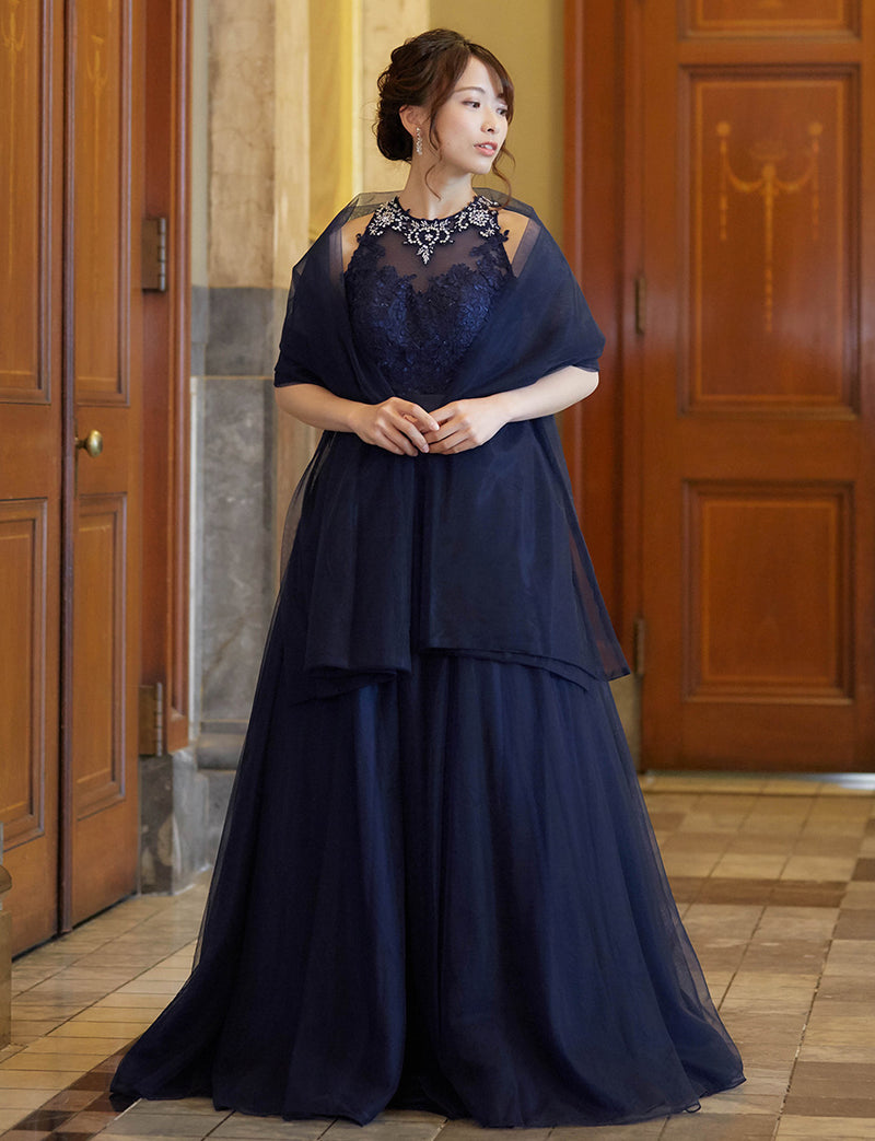 TWEED DRESS(ツイードドレス)のダークネイビーロングドレス・チュール｜TW1918-DNYの全身正面ストール着用画像です。