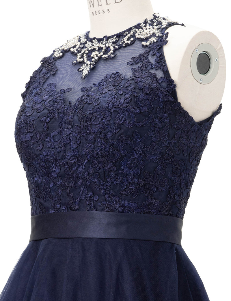 TWEED DRESS(ツイードドレス)のダークネイビーロングドレス・チュール｜TW1918-DNYのトルソー上半身斜め画像です。