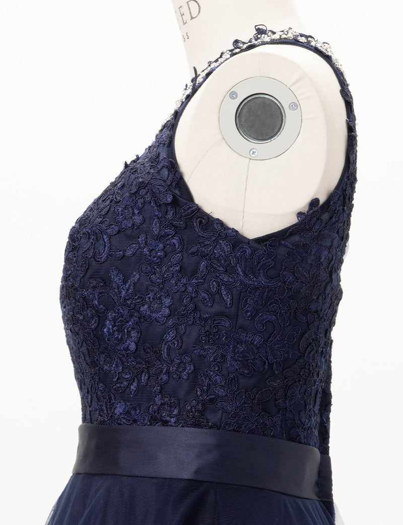 TWEED DRESS(ツイードドレス)のダークネイビーロングドレス・チュール｜TW1918-DNYのトルソー上半身側面画像です。