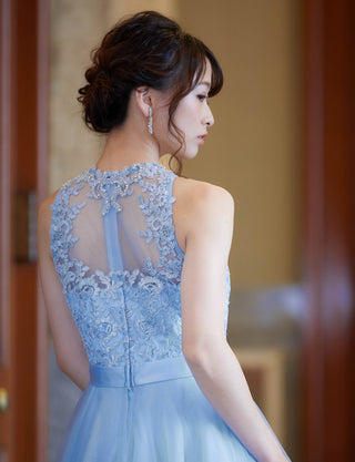 TWEED DRESS(ツイードドレス)のパステルブルーロングドレス・チュール｜TW1918-PSBLの上半身背面画像です。