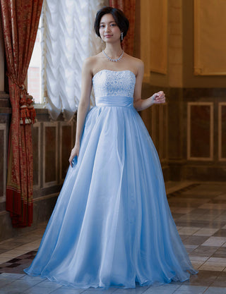 TWEED DRESS(ツイードドレス)のブルーグレーロングドレス・チュール｜TW1919-BLGYの全身正面画像です。