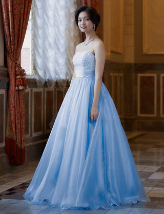 TWEED DRESS(ツイードドレス)のブルーグレーロングドレス・チュール｜TW1919-BLGYの全身斜め画像です。