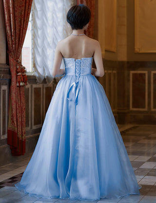 TWEED DRESS(ツイードドレス)のブルーグレーロングドレス・チュール｜TW1919-BLGYの全身背面画像です。