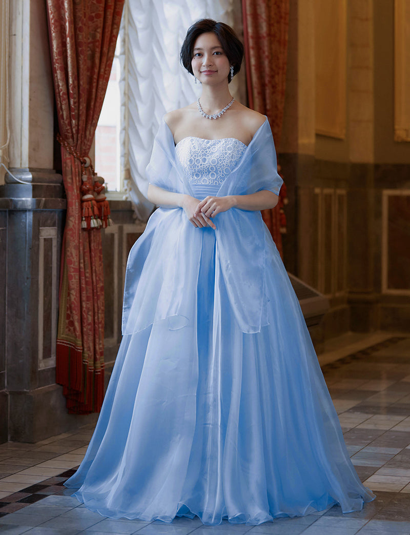 TWEED DRESS(ツイードドレス)のブルーグレーロングドレス・チュール｜TW1919-BLGYの全身正面ストール着用画像です。