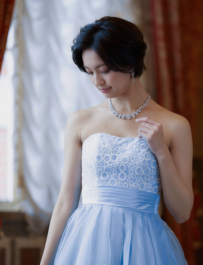 TWEED DRESS(ツイードドレス)のブルーグレーロングドレス・チュール｜TW1919-BLGYの上半身正面画像です。