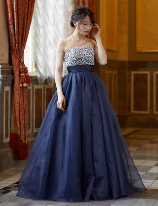 TWEED DRESS(ツイードドレス)のダークネイビーロングドレス・チュール｜TW1919-DNYの全身正面画像です。