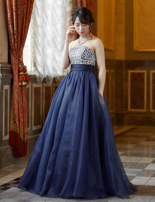 TWEED DRESS(ツイードドレス)のダークネイビーロングドレス・チュール｜TW1919-DNYの全身斜め画像です。