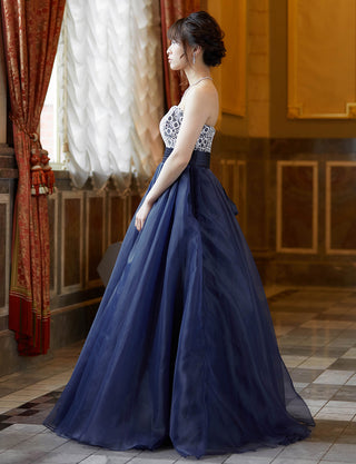TWEED DRESS(ツイードドレス)のダークネイビーロングドレス・チュール｜TW1919-DNYの全身側面画像です。