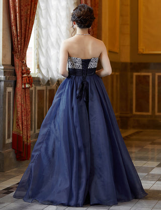 TWEED DRESS(ツイードドレス)のダークネイビーロングドレス・チュール｜TW1919-DNYの全身背面画像です。