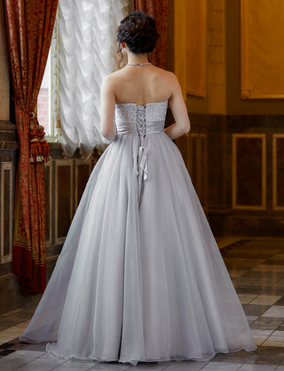 TWEED DRESS(ツイードドレス)のペールグレーロングドレス・チュール｜TW1919-PGYの全身背面画像です。