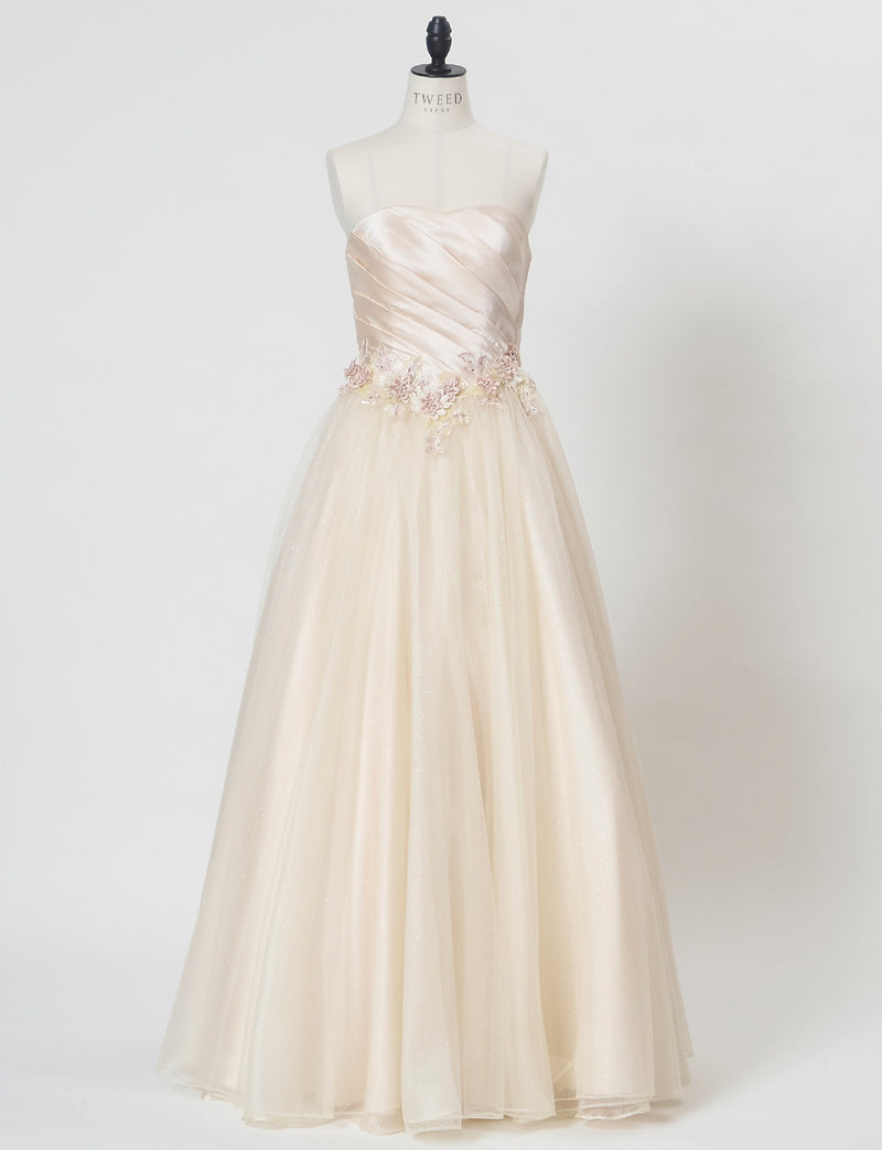 TWEED DRESS(ツイードドレス)のシャンパンゴールドロングドレス・チュール｜TW1920-CGDのトルソー全身正面画像です。